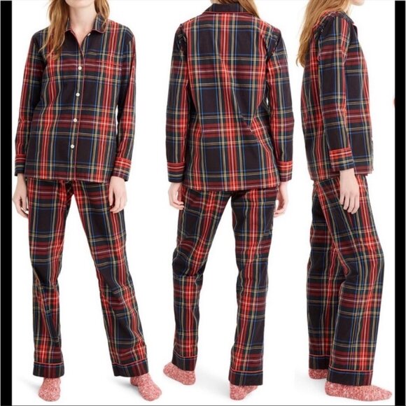 J. Crew Cotton Poplin Long-sleeve Pajama Set in Stewart Tartan Blue Red Sz Small - Picture 1 of 8